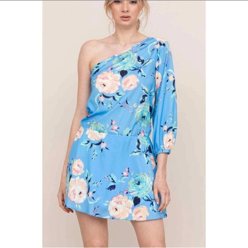 NWT Anthropologie YUMI KIM Mini Dress LARGE Blue Rose Garden One Shoulder Floral - Picture 7 of 12